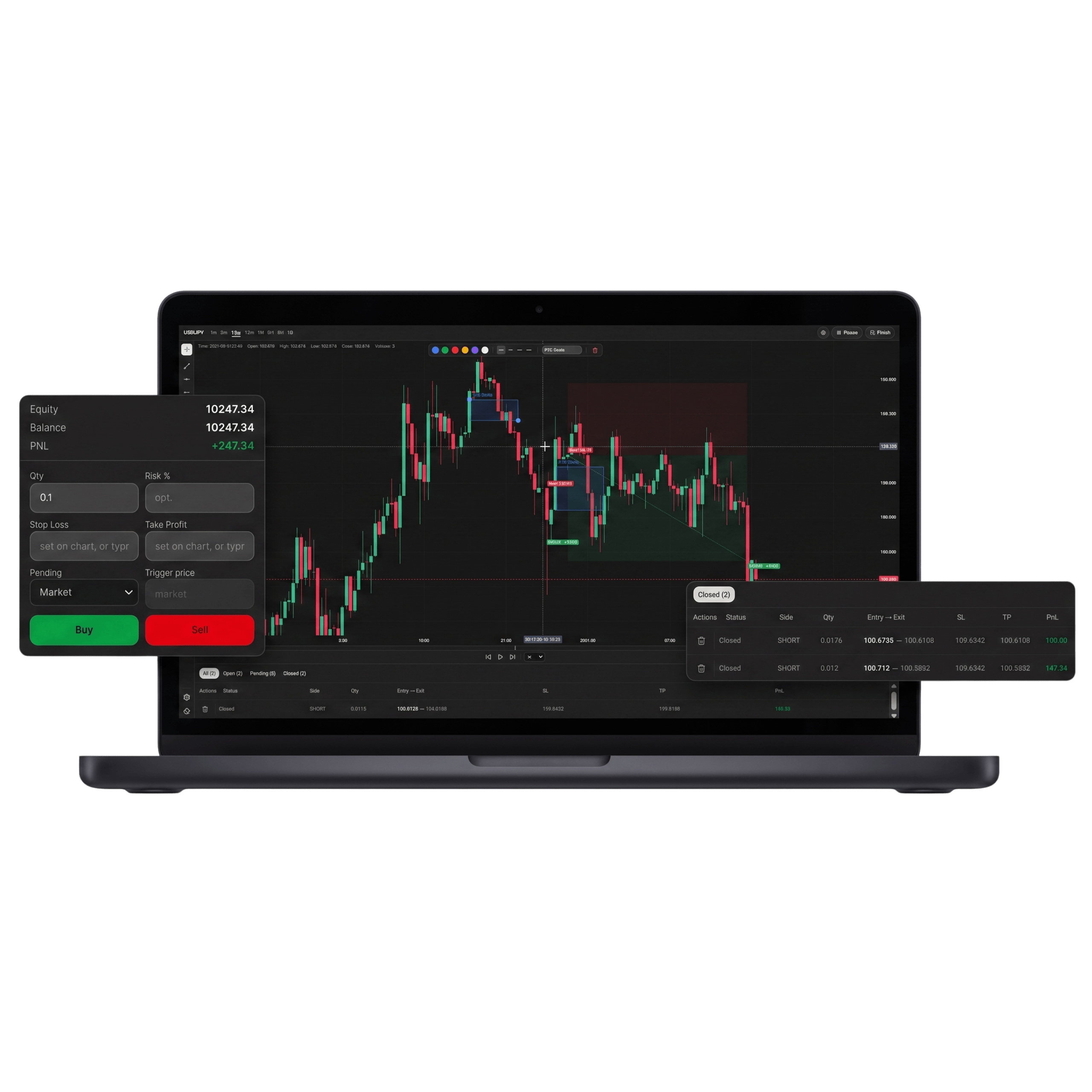 TradeTrack backtest replay session: candle chart, order panel and closed positions